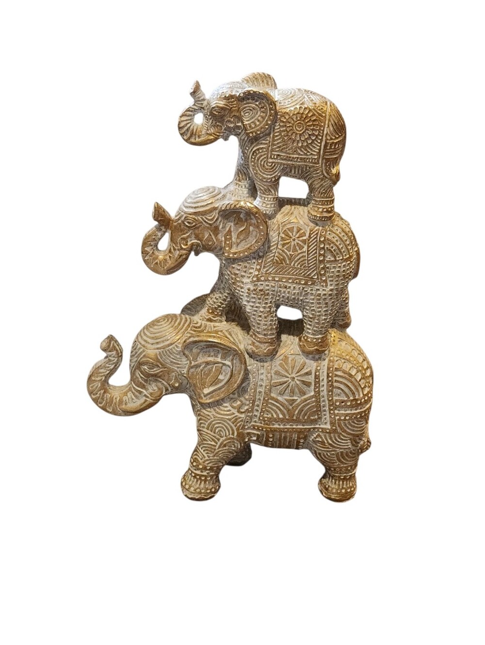 White And Gold Stacked Totem Ploe Triple Elephant Statue